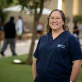 Nurse Amy Castillo in her blue UCLA Health uniform
