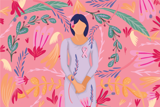 Illustration of a woman with a breast cancer ribbon on her shirt.