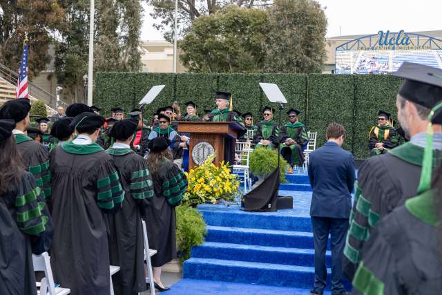 Dean Steven Dubinett addresses the graduating class of the David Geffen School of Medicine at UCLA, at the commencement ceremony on May 31, 2024. 