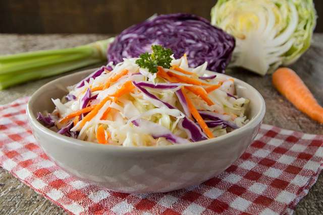 Creamy Coleslaw on Gingham Tablecloth 