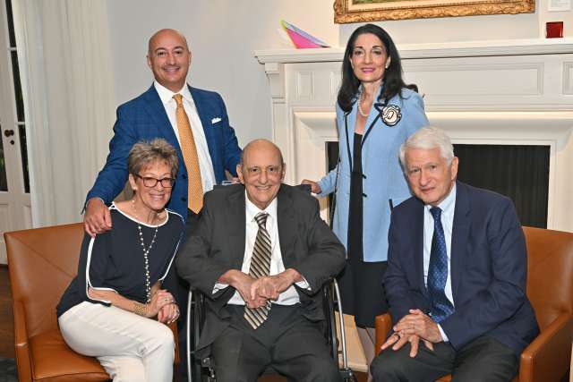 (Front row, from left) Rhea Turteltaub, UCLA vice chancellor for external affairs; Ronald Katz; Chancellor Gene D. Block. (Back row, from left) Dr. Kodi Azari (FEL ’04), medical co-director of Operation Mend; and Johnese Spisso, MPA, president of UCLA Health, CEO of the UCLA Hospital System and associate vice chancellor of UCLA Health Sciences
