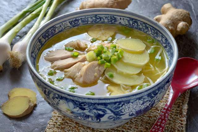 Korean Chicken Soup in Blue and White Bowl 