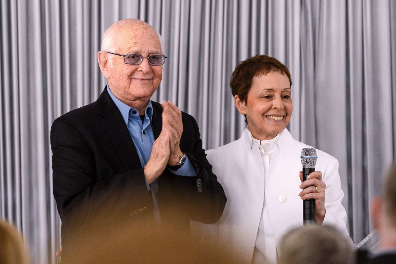 Gail Abarbanel with TV producer and creator of All in the Family Norman Lear during a Rape Treatment Center fundraiser in 2012. In 1977, Lear called Abarbanel and asked her, "If you could talk to 40 million people about rape, what would you want to say?"