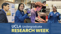A collage of four students engaged in various research activities with the text "UCLA Undergraduate Research Week" displayed at the bottom.