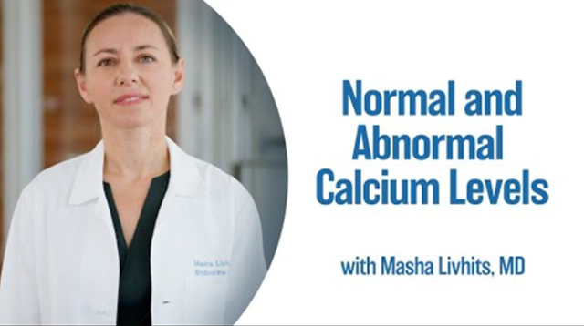 Masha Livhits, MD wearing her lab coat explaining Normal and Abnormal Calcium Levels.