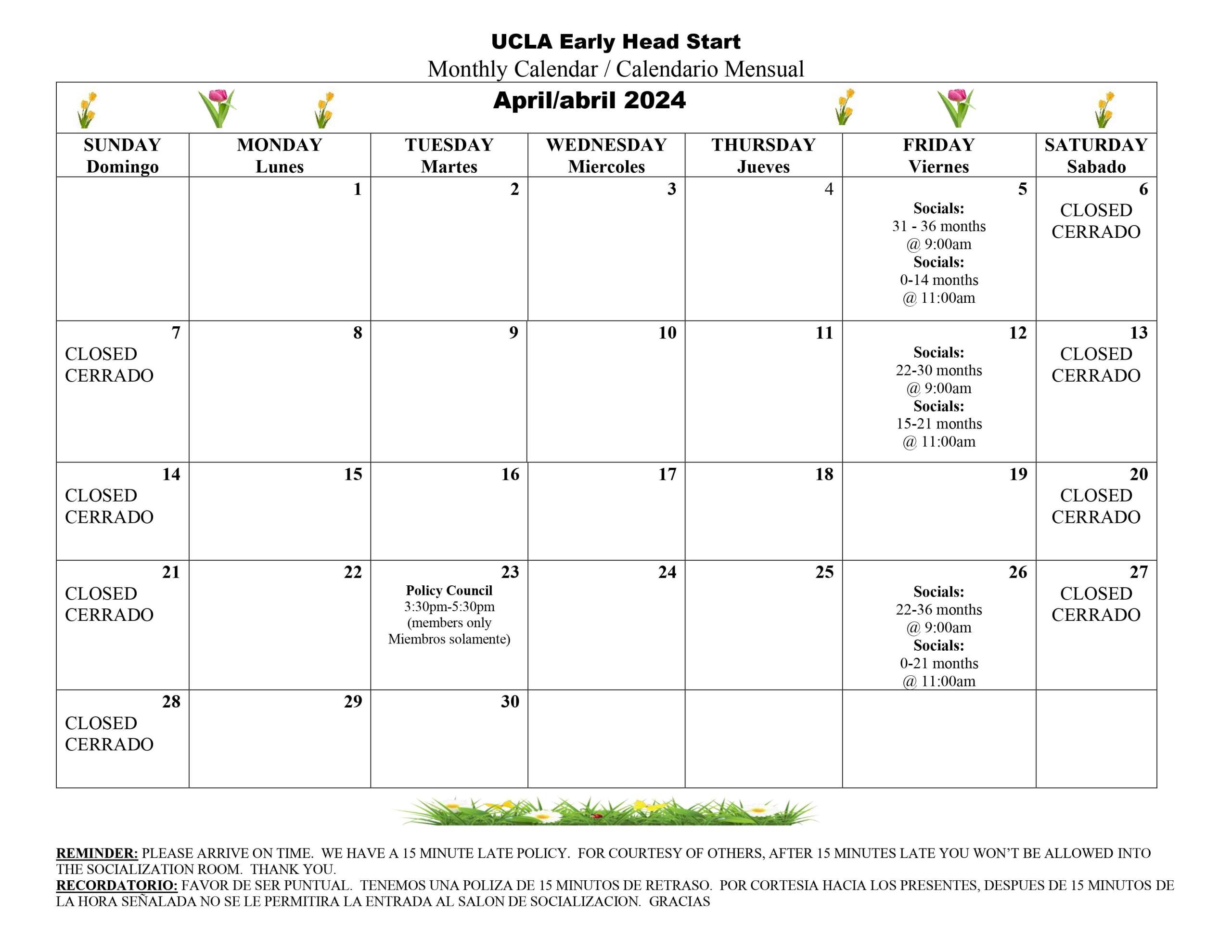 Calendar of Events for Enrolled Participants Only Early Head Start