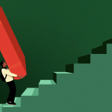 Illustration of someone walking up stairs with a large book